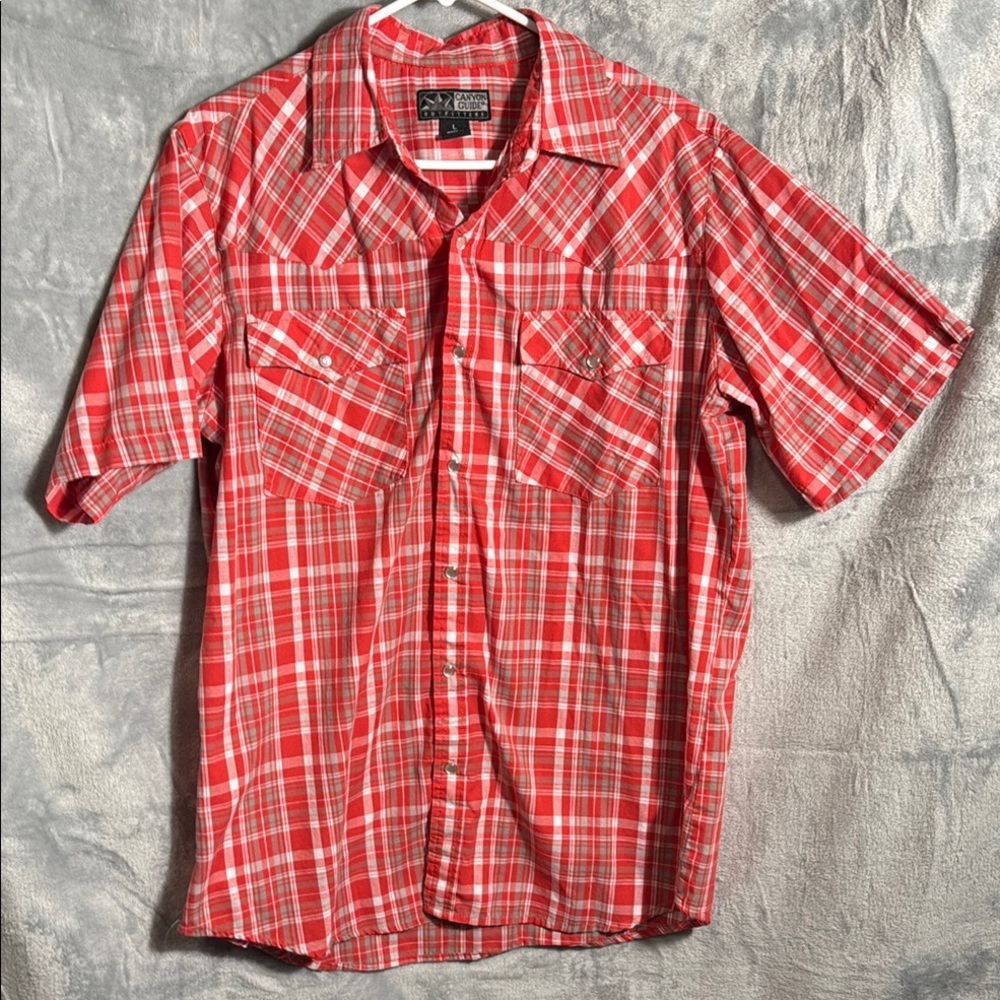 Men's shirt L Red Plaid‎ canyon guide pearl snap lightweight western influence